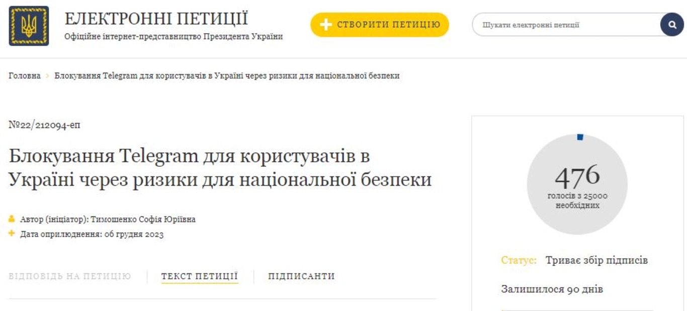петиція щодо блокування Telegram