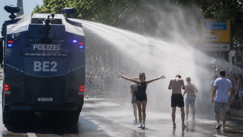 водомет поливає людину
